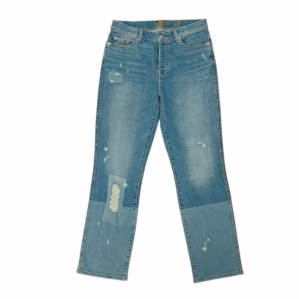 7 For All Mankind Jeans Womens 28 Blue Edie Stretch Patch Distressed Button Fly